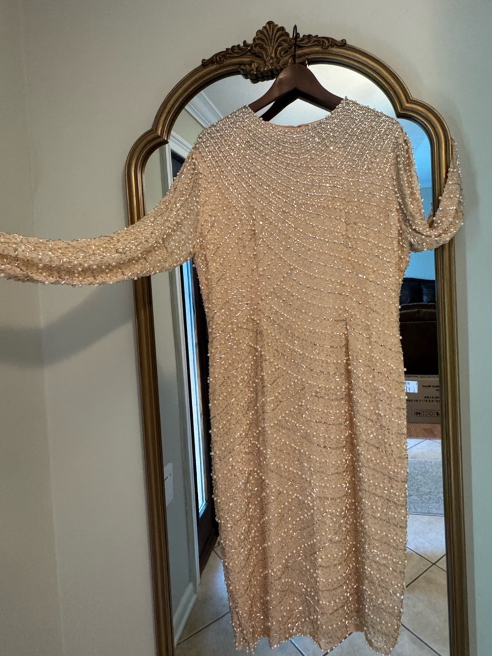 Beaded Long Sleeve Cocktail Dress in Champagne/peach size 14